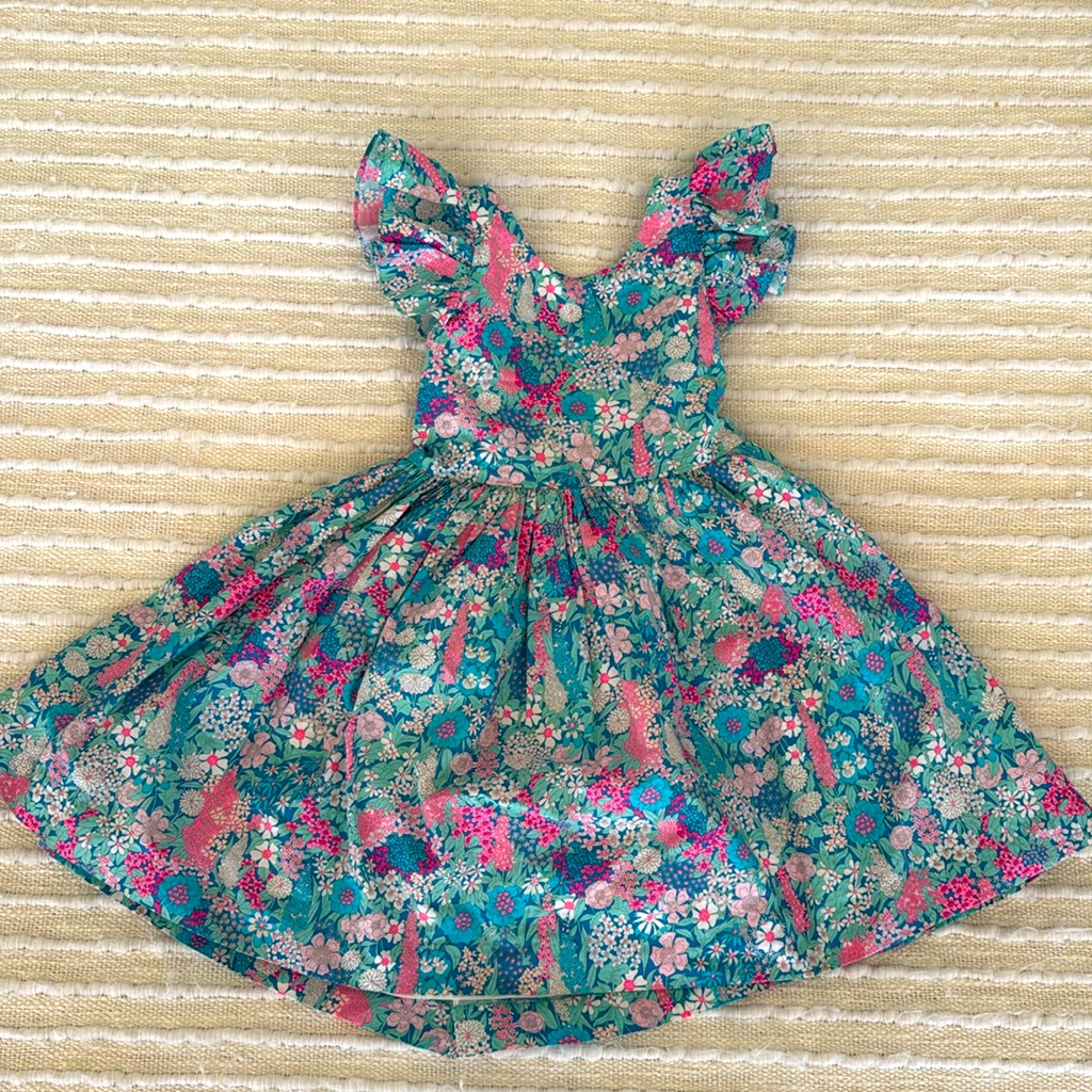 Jacadi Teal Floral Cotton Dress With Pink And White Accents
